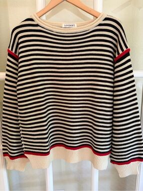 LoveSoft Women's Black & Cream Striped Turtleneck Sweater with Red Trim